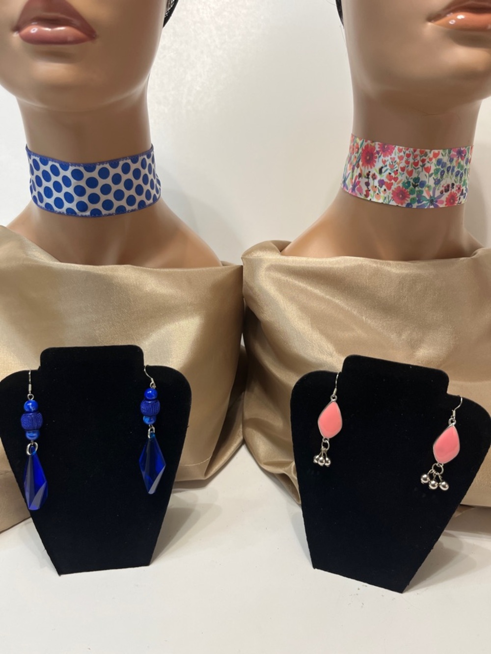 4 pc. Gift  Set Chokers & Earrings Cobalt blue polka dot and springtime floral